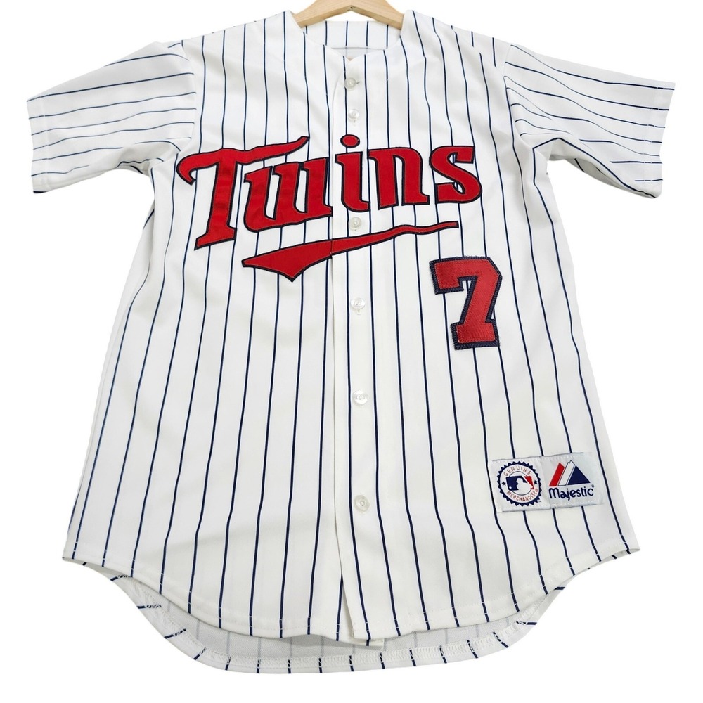 Majestic Minnesota Twins Joe Mauer 7 Pinstripe Baseball Jersey White Mens Small